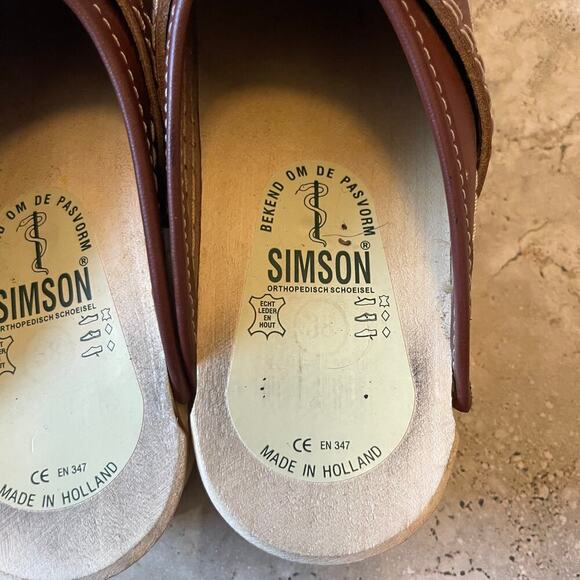 Simson Brown Leather Wood Sole Women's Clogs Slip On Size 38 EU / 7 US - Picture 2 of 10